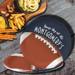 Football Game Day Navy Blue Paper Plates<br><div class="desc">Customizable paper plates in 2 SIZES - 9" and 7" feature a football on navy blue and the words "It's Game Day!" along with your name. MORE colors and matching items in our store.</div>