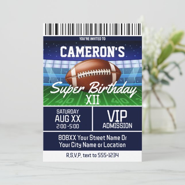 Football Game Ticket Dark Blue Party Invitation (Standing Front)