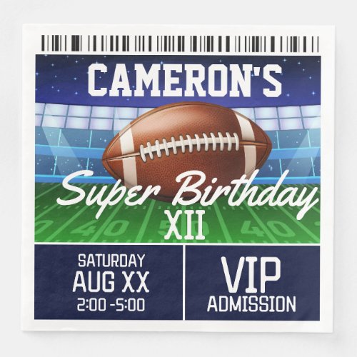 Football Game Ticket Super Party on Blue Paper Dinner Napkins