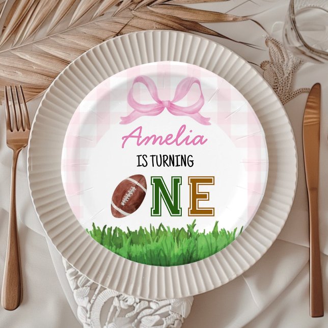 Football Girl First Year Down Birthday Pink Bow Paper Plates (Creator Uploaded)