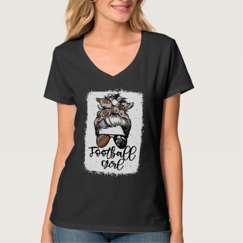 Football Girl Vintage Leopard Messy Bun Bleached T_Shirt