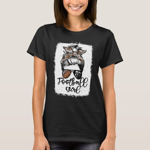 Football Girl Vintage Leopard Messy Bun Bleached T_Shirt