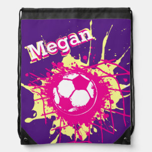 Football goal personalized soccer pink purple drawstring bag