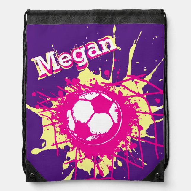 Football goal personalized soccer pink purple drawstring bag (Front)