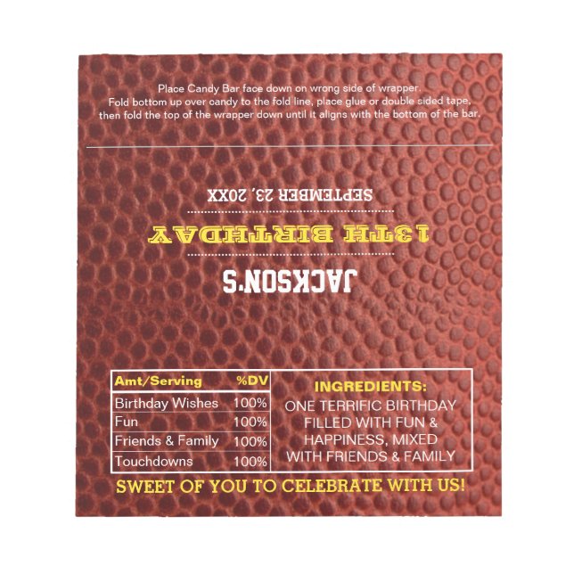 Football Gold Party Favor Chocolate Candy Wrappers Notepad (Front)