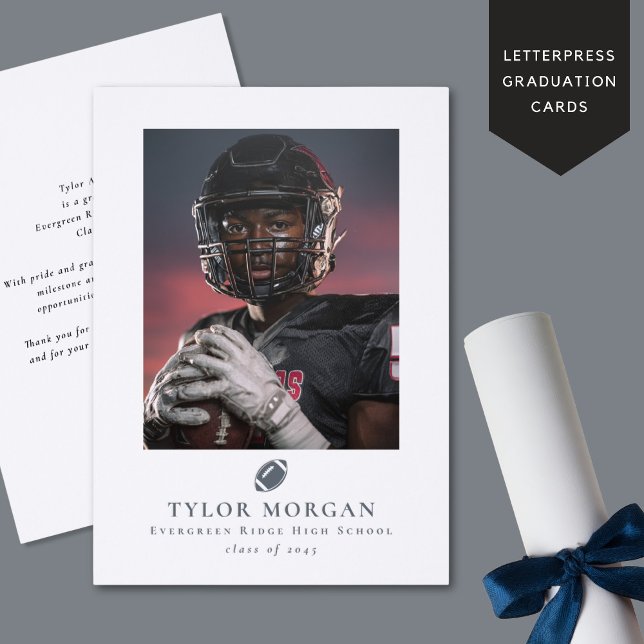 Football Graduation Modern Sports Athlete Letterpress Photo Cards (Creator Uploaded)