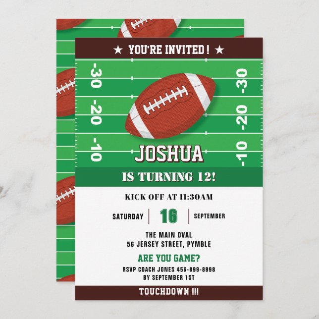 Football Green Black Birthday Party Invitation (Front/Back)