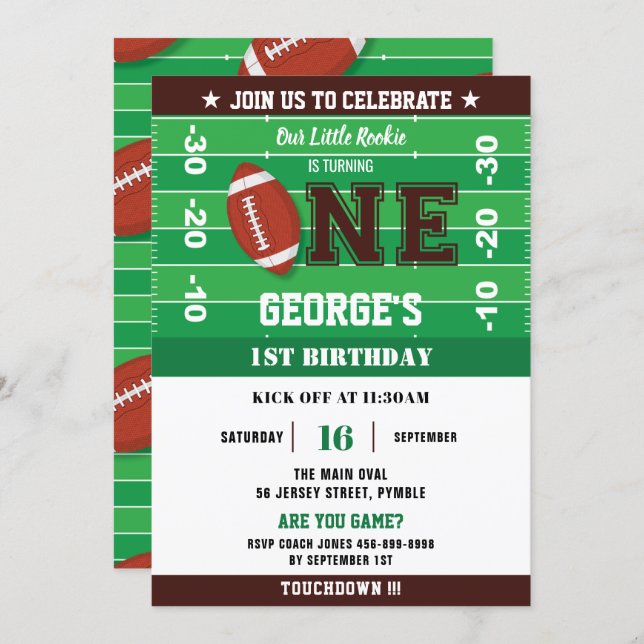 Football Green Black One 1st Birthday Party Invitation (Front/Back)