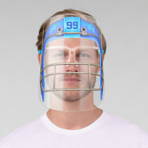 Football Helmet Blue Flames with Custom Number Face Shield