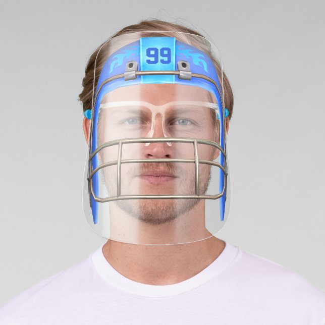 Football Helmet Blue Flames with Custom Number Face Shield (Insitu)