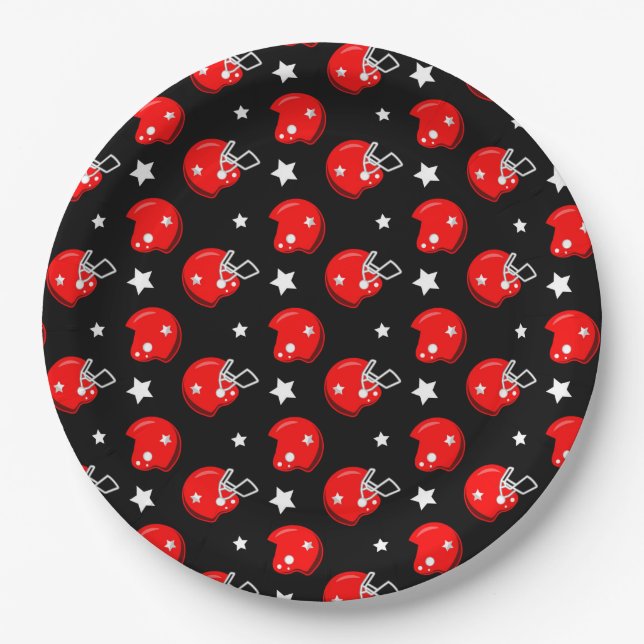 Football Helmet Sports Red Black Pattern Paper Plates (Front)