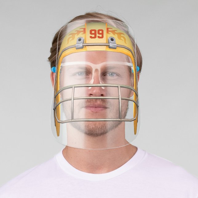Football Helmet Yellow Flames with Custom Number Face Shield (Insitu)