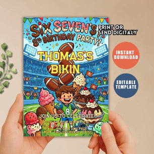 Football Ice Cream Drip Six Seven boy  Birthday  Invitation