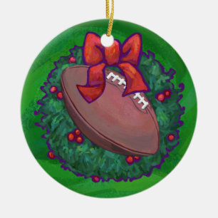 Football in Christmas Wreath on Green Ceramic Ornament