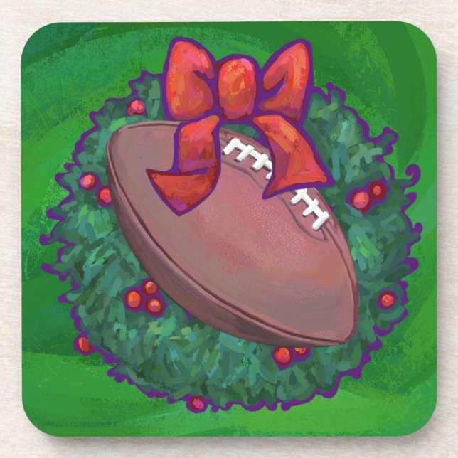 Football in Christmas Wreath on Green Drink Coaster (Front)