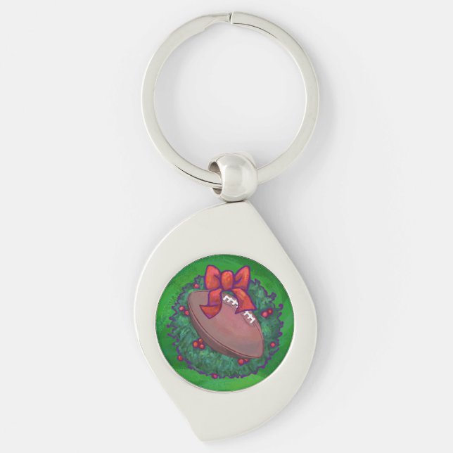 Football in Christmas Wreath on Green Keychain (Front)