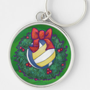 Football in Christmas Wreath on Green Keychain