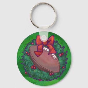 Football in Christmas Wreath on Green Keychain