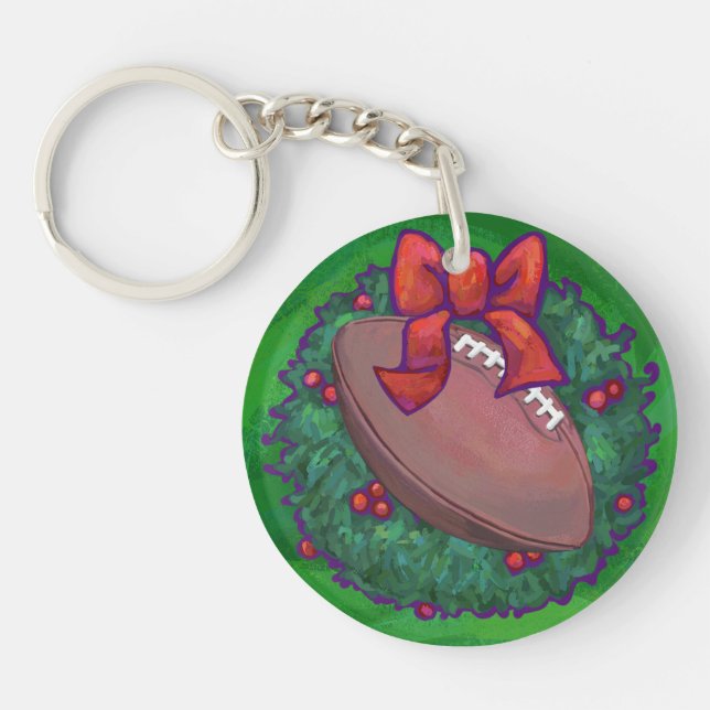 Football in Christmas Wreath on Green Keychain (Front)