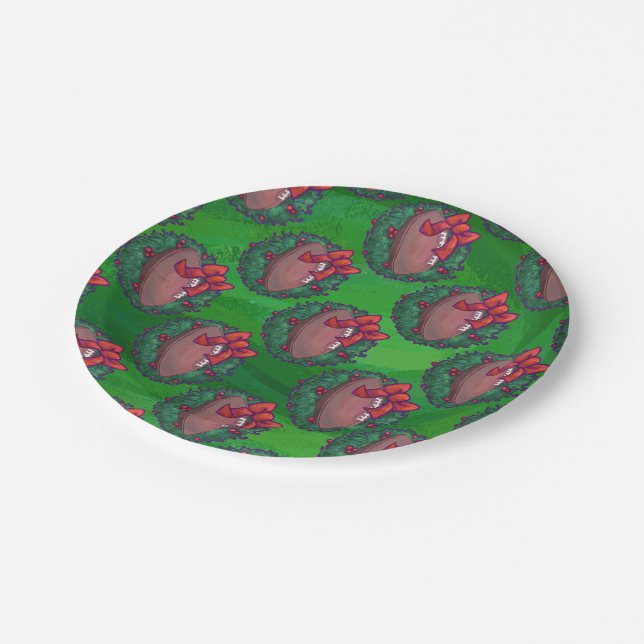Football in Christmas Wreath on Green Paper Plates (Angled)