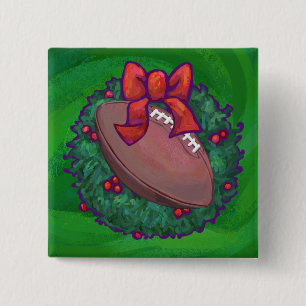 Football in Christmas Wreath on Green Pinback Button