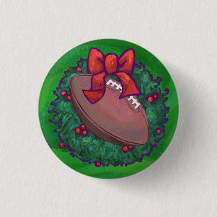 Football in Christmas Wreath on Green Pinback Button