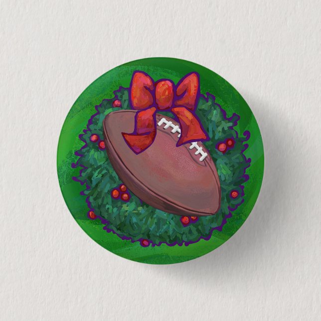 Football in Christmas Wreath on Green Pinback Button (Front)