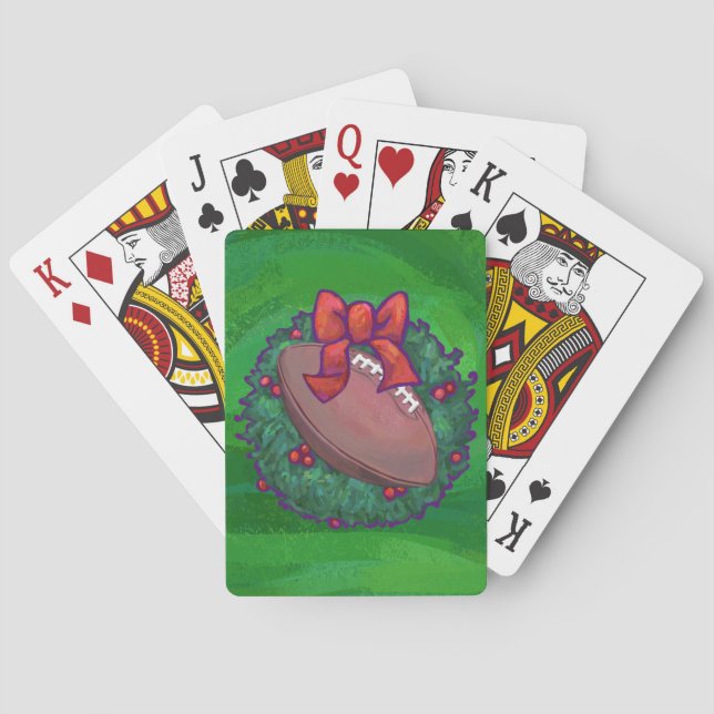 Football in Christmas Wreath on Green Poker Cards (Back)