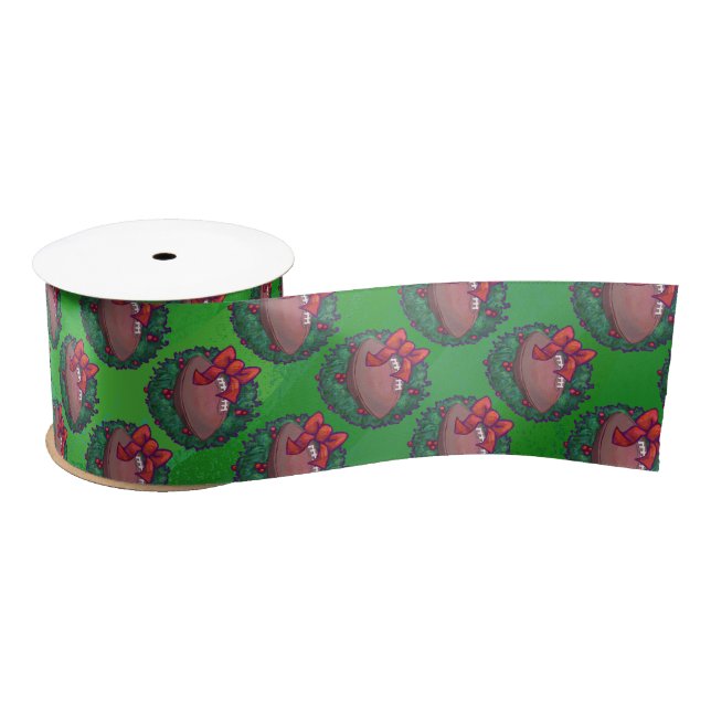 Football in Christmas Wreath on Green Satin Ribbon (Spool)