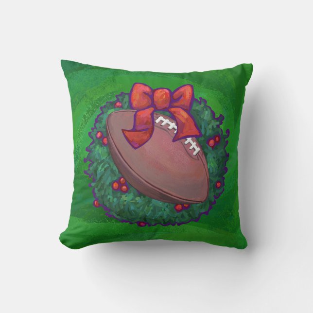 Football in Christmas Wreath on Green Throw Pillow (Front)