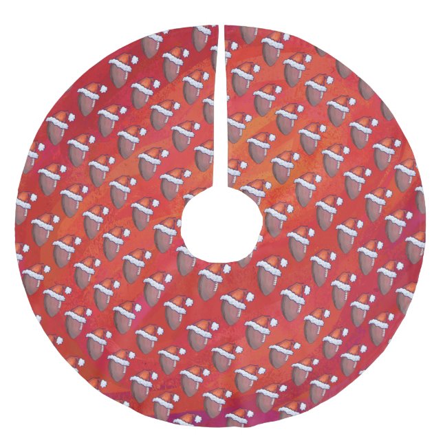Football in Santa Hat on Red Brushed Polyester Tree Skirt (Front)