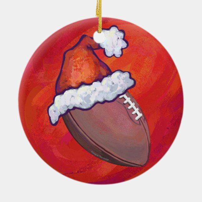 Football in Santa Hat on Red Ceramic Ornament (Back)
