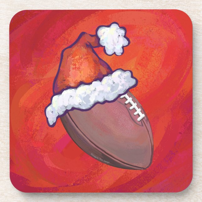 Football in Santa Hat on Red Drink Coaster (Front)