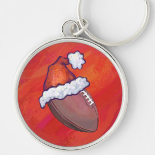 Football in Santa Hat on Red Keychain
