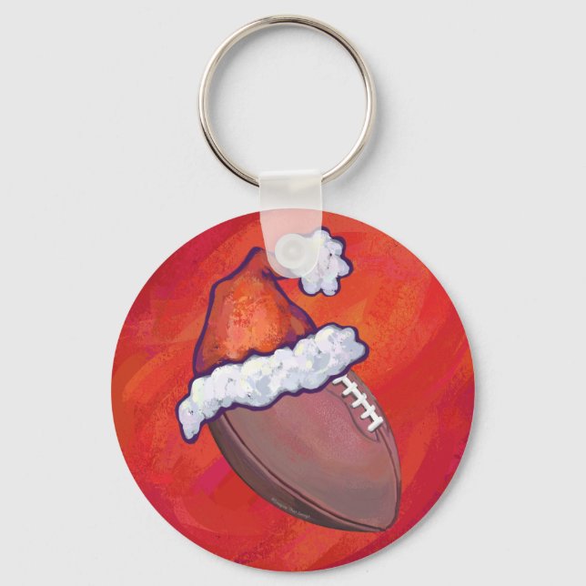 Football in Santa Hat on Red Keychain (Front)