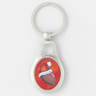 Football in Santa Hat on Red Keychain