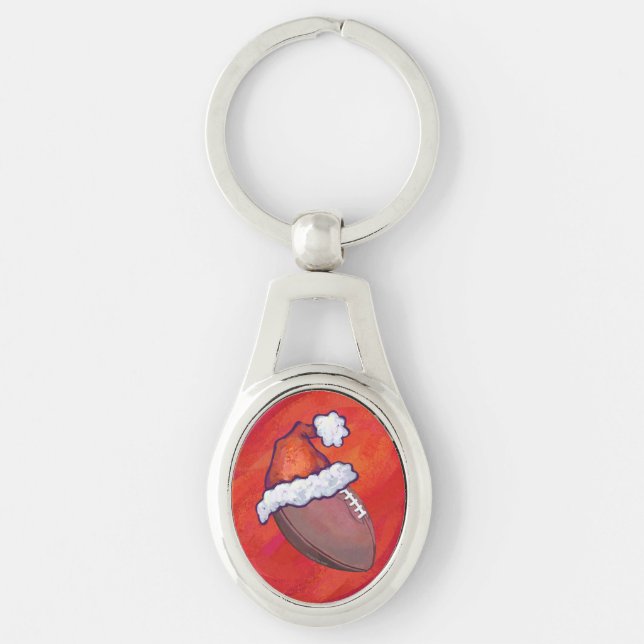 Football in Santa Hat on Red Keychain (Front)