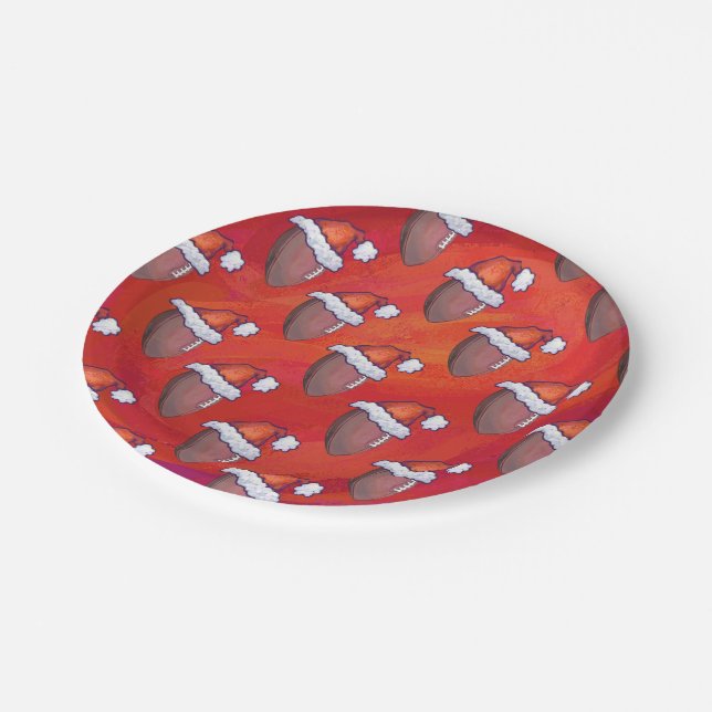 Football in Santa Hat on Red Paper Plates (Angled)