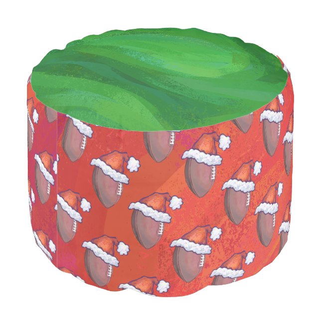 Football in Santa Hat on Red Pouf (Angled Back)