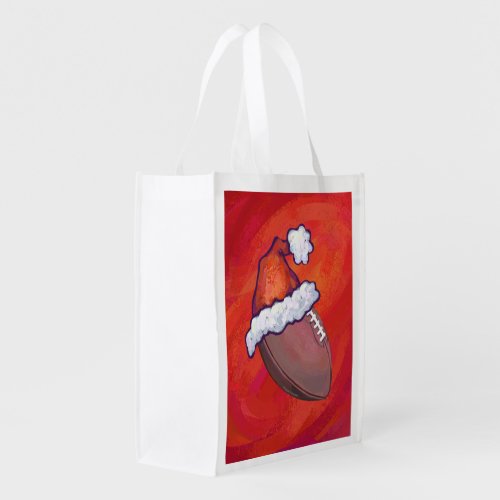 Football in Santa Hat on Red Reusable Grocery Bag
