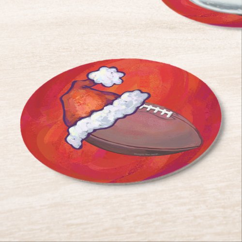 Football in Santa Hat on Red Round Paper Coaster