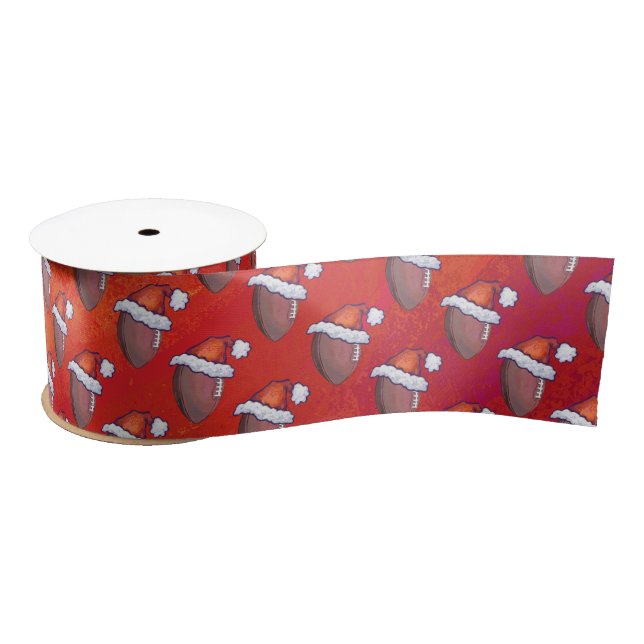 Football in Santa Hat on Red Satin Ribbon (Spool)