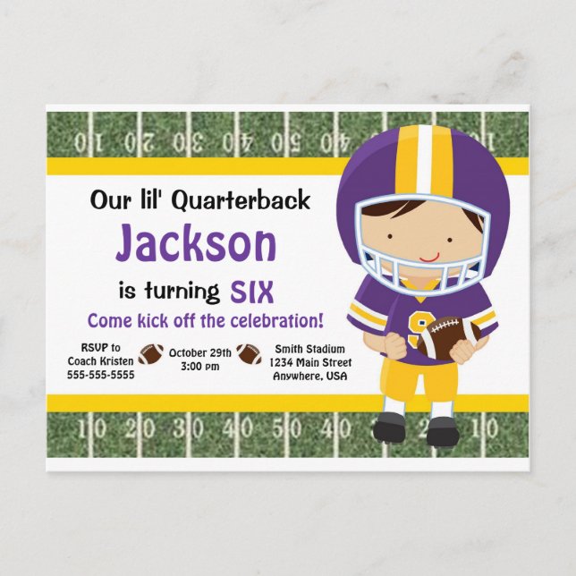 Football Invitation - Purple &Yellow Postcard (Front)
