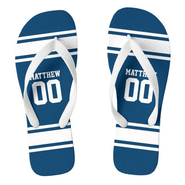 Football Jersey Blue|White Personalized Flip Flops (Footbed)