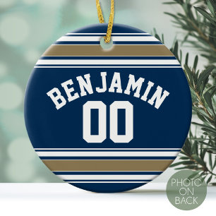 Football Jersey Navy Blue Gold Stripes Name Number Ceramic Ornament
