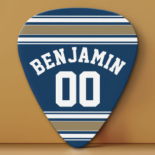 Football Jersey Navy Blue Gold Stripes Name Number Guitar Pick