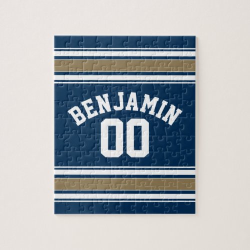 Football Jersey Navy Blue Gold Stripes Name Number Jigsaw Puzzle