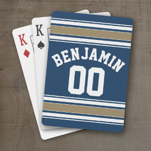 Football Jersey Navy Blue Gold Stripes Name Number Poker Cards
