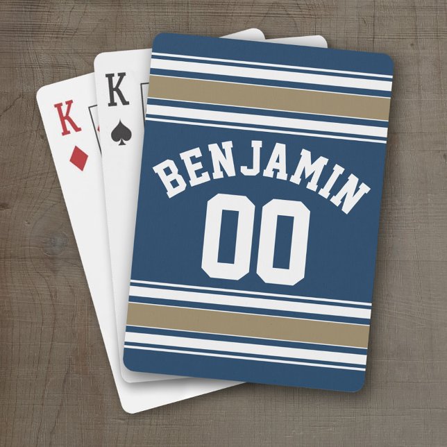 Football Jersey Navy Blue Gold Stripes Name Number Poker Cards (Personalized Playing Cards - Sports Jersey Design)