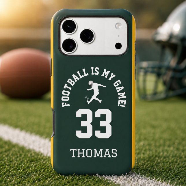 Football Jersey Number Design Case-Mate iPhone Case (Football jersey phone case with player number and name on a football field)